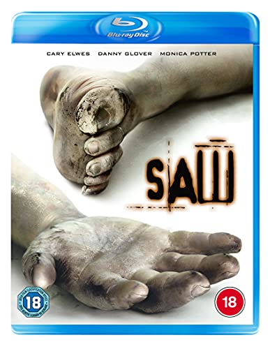 Blu-ray cover for horror film "Saw" featuring a trapped foot and hand.