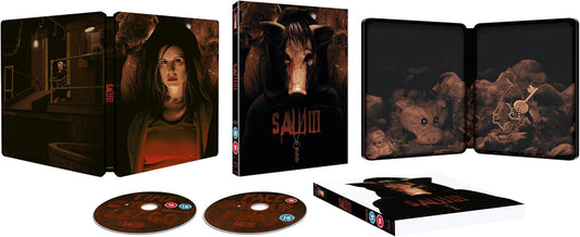 SteelBook case for "Saw III" with unsettling imagery and included discs.