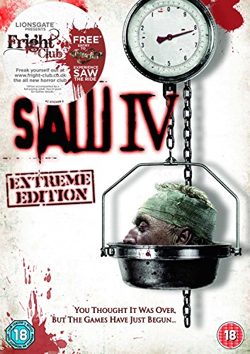 Saw IV" DVD cover featuring a disturbing image of a head in a metal container.