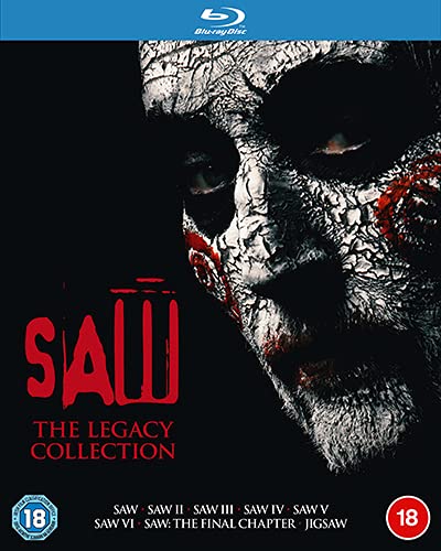Saw: The Legacy Collection" Blu-ray cover featuring Jigsaw’s distressed face.