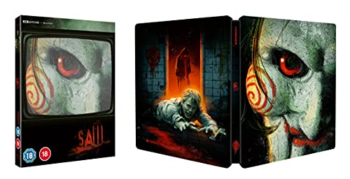 Saw" UHD Blu-ray steelbook case featuring Jigsaw’s face and a trapped victim.