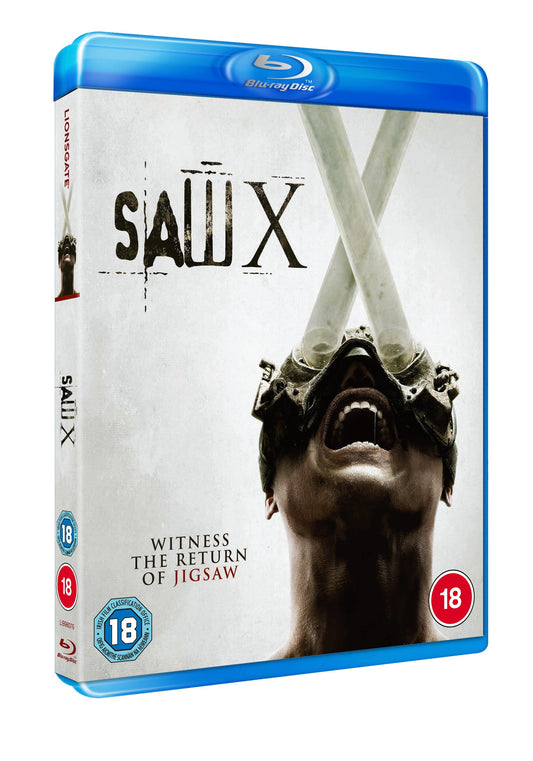 Saw X Blu-ray case featuring a distressed person with goggles.