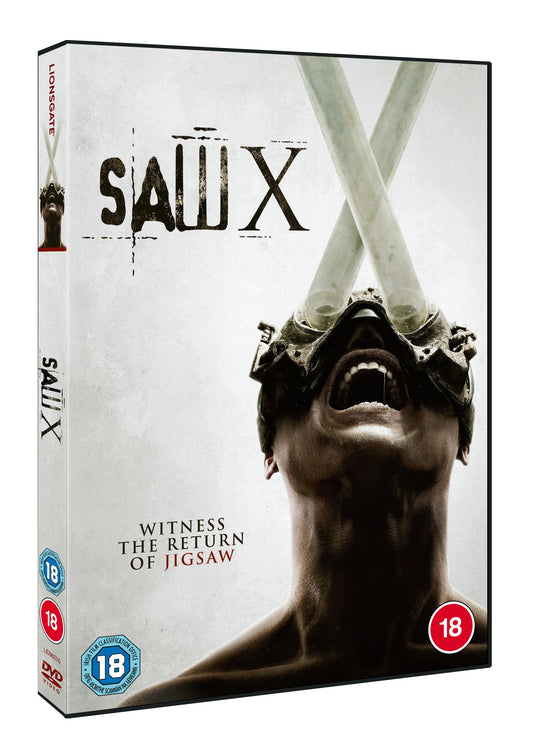 Saw X DVD cover featuring a distressed man with a mechanical device.
