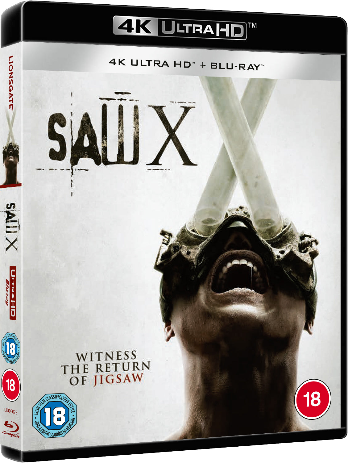 “Saw X” 4K UHD Blu-ray cover featuring Jigsaw’s trap device and text.