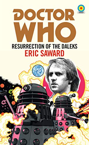 Book cover featuring the Fifth Doctor, two Daleks, and explosive graphics on cream background.