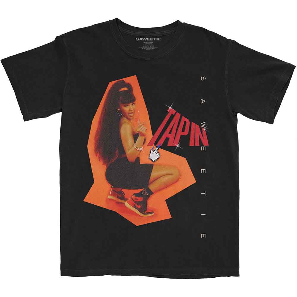 Black t-shirt with a graphic of Saweetie and the word "TAPIN".