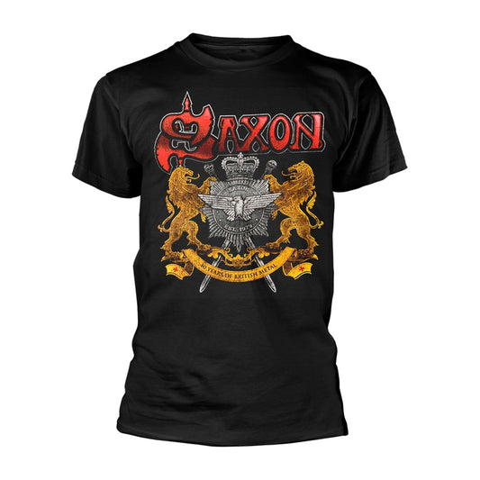 Black t-shirt with a large Saxon band logo and crest design.