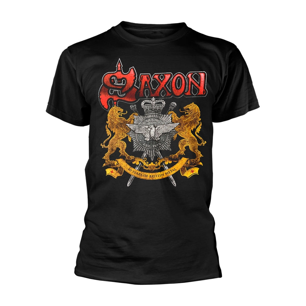 Black t-shirt with a large Saxon band logo and crest design.
