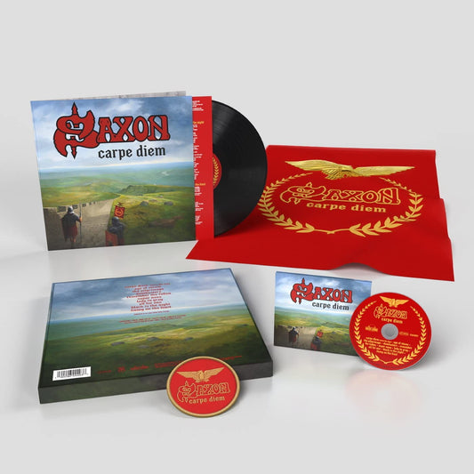Saxon “Carpe Diem” album cover: medieval landscape with figures and fortress.