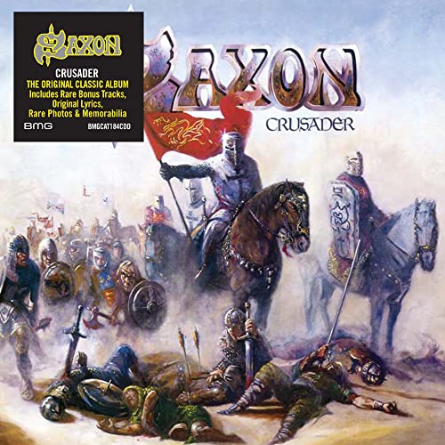 Album cover art featuring medieval crusaders on horseback and fallen soldiers in battle.