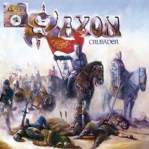 "Album cover art depicting armored knights on horseback amidst a battlefield scene."