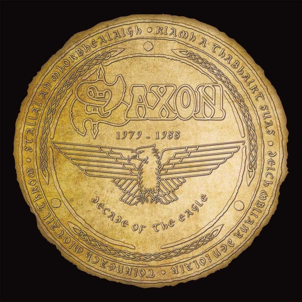 Gold vinyl record with "Saxon" and an eagle design on a black background.