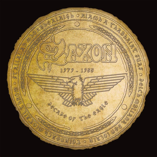 Gold vinyl record with "Saxon" and an eagle design on a black background.