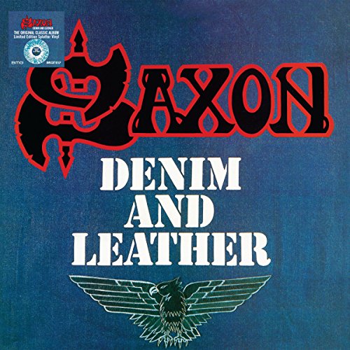 "Saxon album cover with 'Denim and Leather' text, dragon logo, and eagle illustration on blue background."