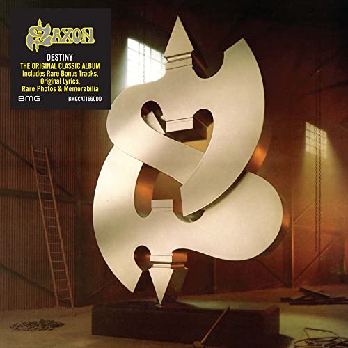 Album cover for Saxon's Destiny featuring a large silver abstract sculpture in a warehouse.
