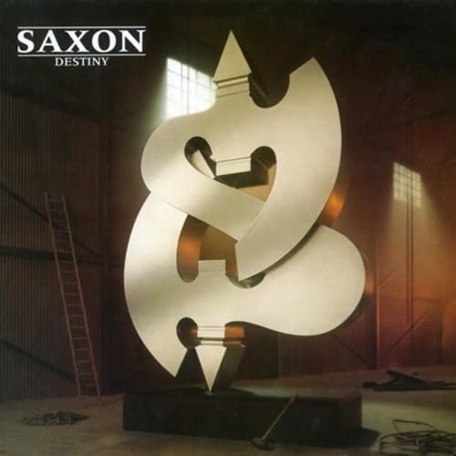 Saxon’s “Destiny” vinyl album cover featuring abstract white sculpture.