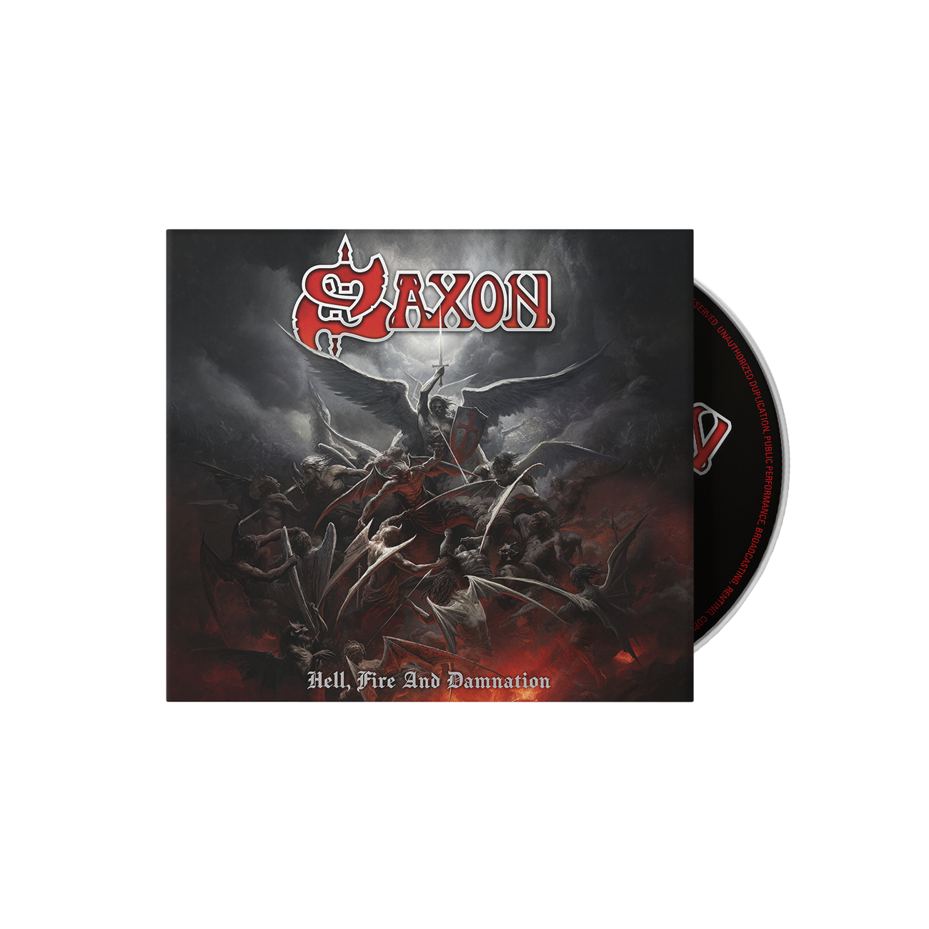 Saxon “Hell, Fire And Damnation” CD cover with demonic imagery.