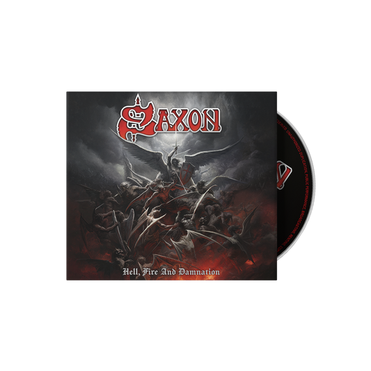 Saxon “Hell, Fire And Damnation” CD cover with demonic imagery.