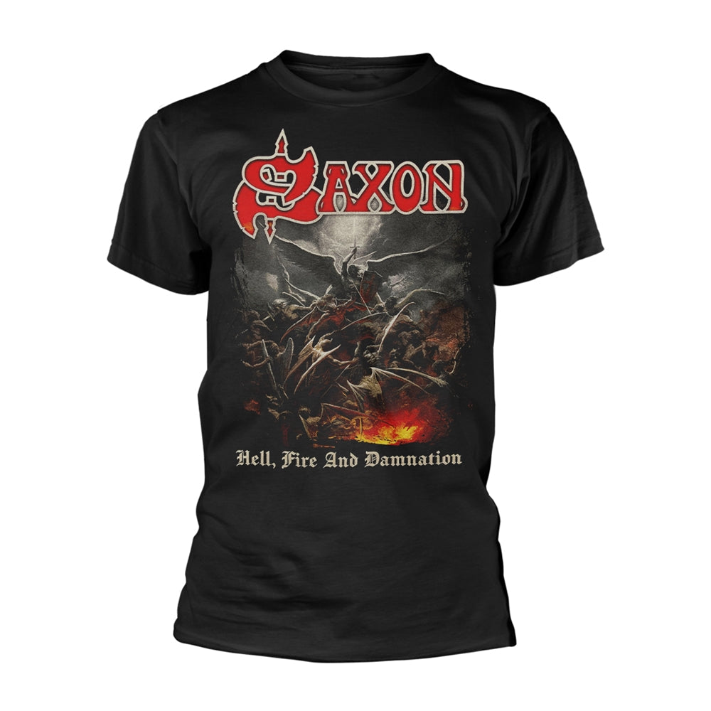 Black t-shirt with a fiery, gothic illustration and "SAXON" logo.