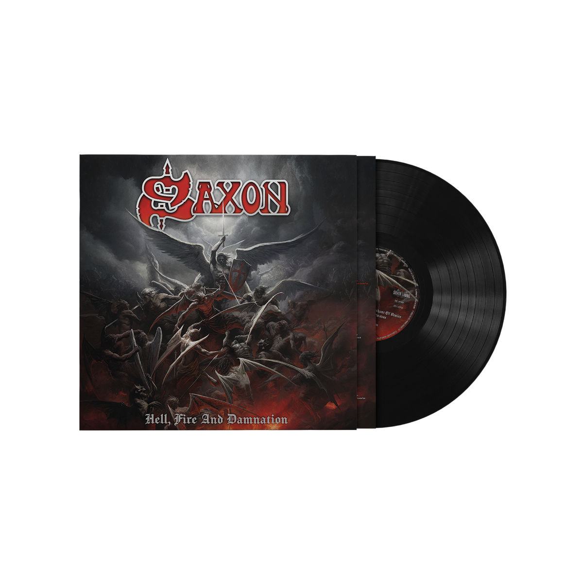Saxon "Hell, Fire And Damnation" vinyl record with fiery artwork.
