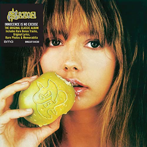 Close-up of a woman holding a green apple with a logo, Saxon album cover.