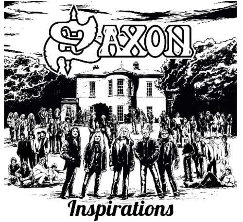 Black and white album cover for Saxon’s “Inspirations” featuring a castle and band.