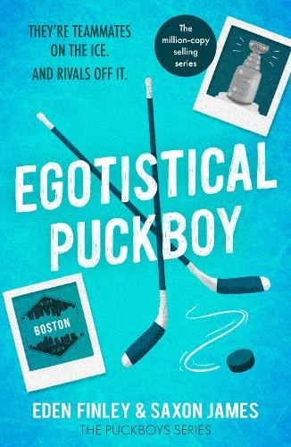 Book cover with two crossed hockey sticks, a puck, and two polaroid-style photos.