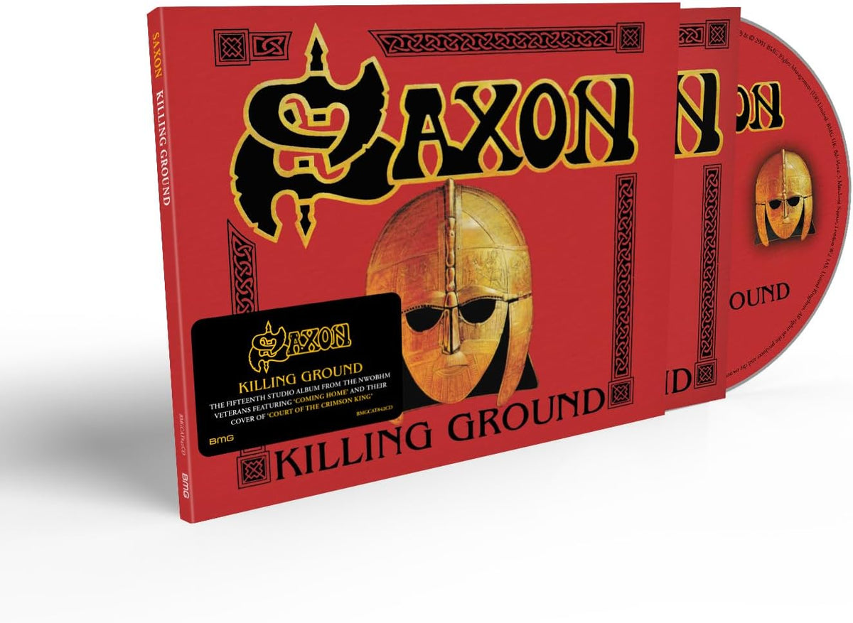 Saxon Killing Ground CD case with red cover, Viking helmet illustration, and black sticker.