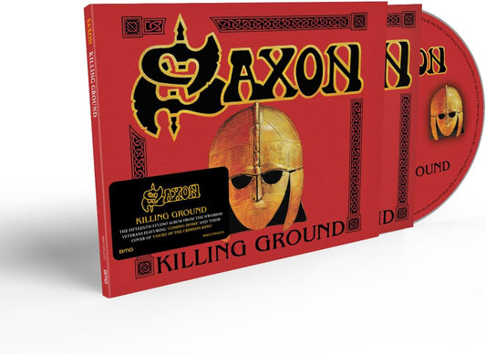 Saxon Killing Ground CD case with red cover, Viking helmet illustration, and black sticker.