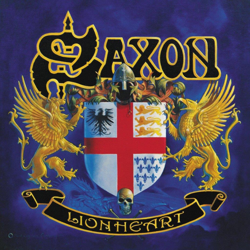 Saxon album cover, “Lionheart,” featuring a heraldic shield and winged lions.