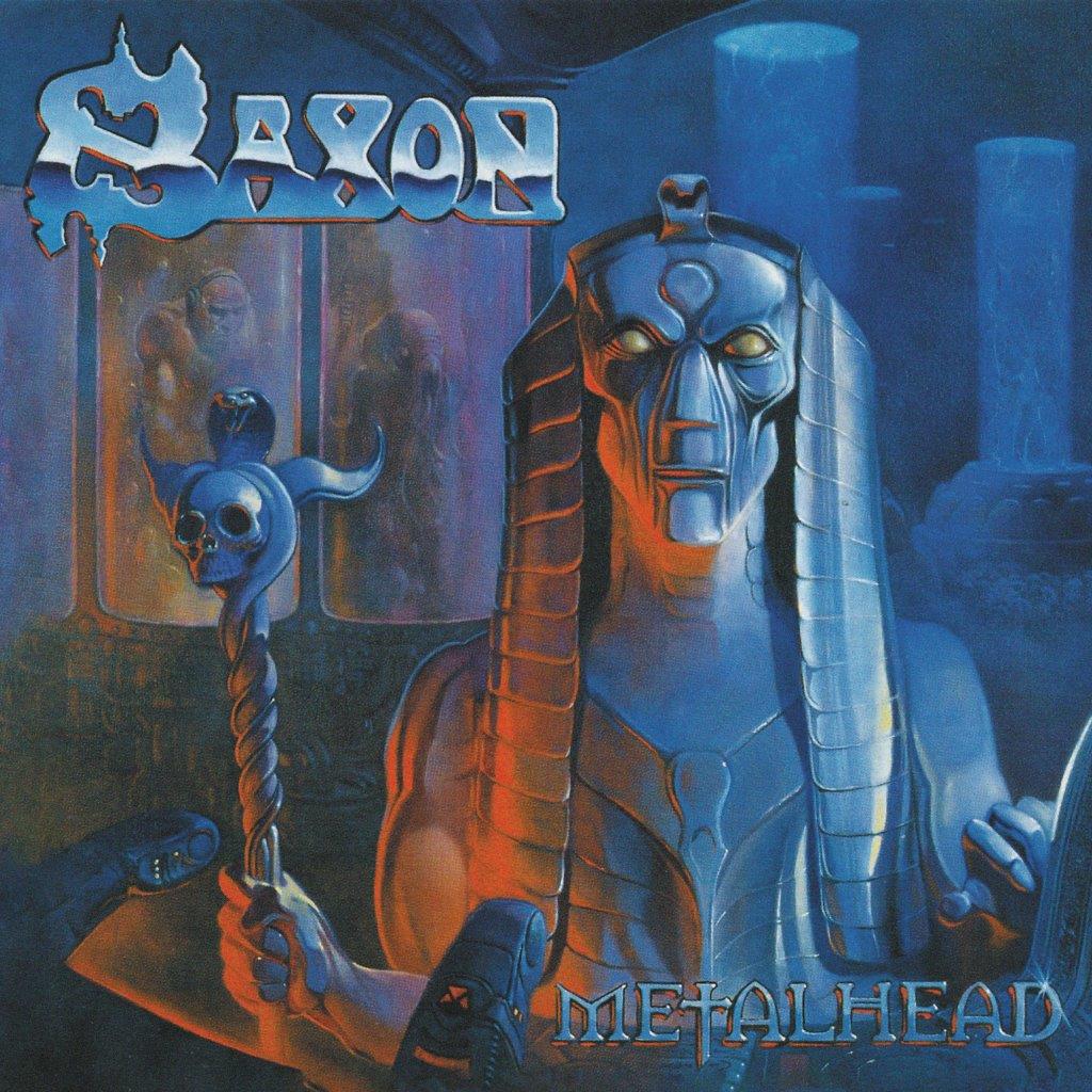 Saxon “Metalhead” CD cover: fantasy art with a robotic sphinx and skull.