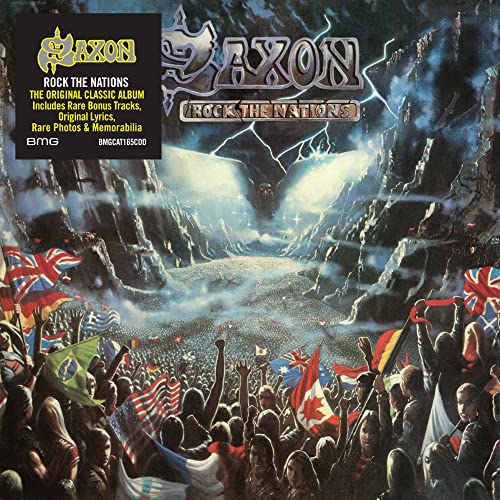 Album cover art for Saxon's Rock the Nations showing a crowd waving international flags.