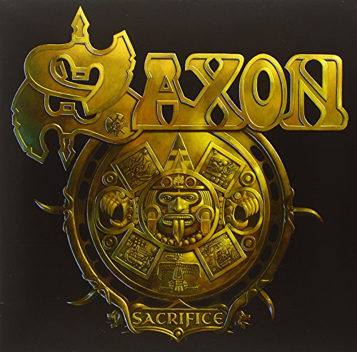 Saxon "Sacrifice" vinyl album cover with gold Aztec imagery.