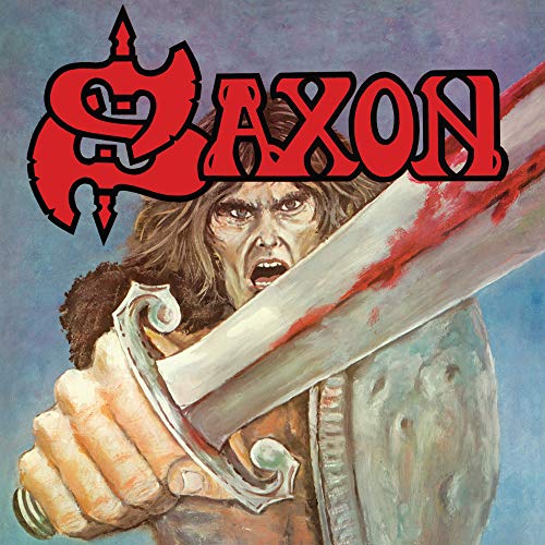 "Album cover art featuring a warrior holding a bloody sword, with 'Saxon' written above."