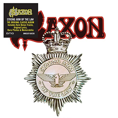 Saxon Strong Arm of the Law album cover featuring a metallic police-style badge.