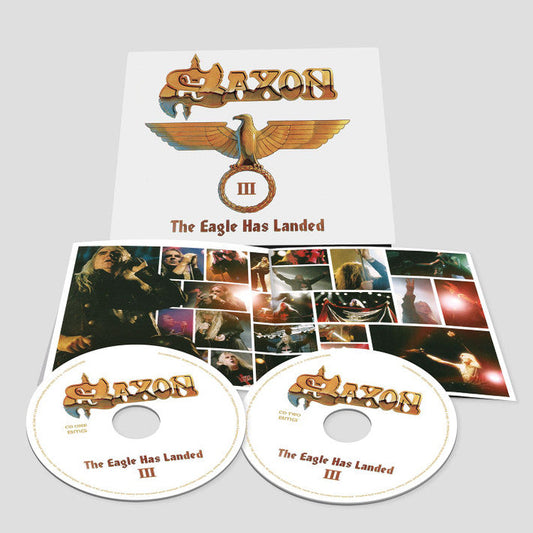 Saxon album "The Eagle Has Landed, Pt. 3" with CD cases and photos.