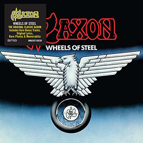 Saxon Wheels of Steel album cover featuring a silver eagle above a motorcycle wheel.