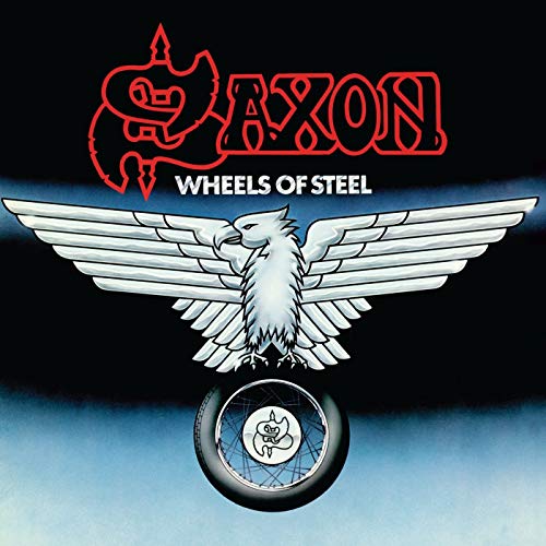 "Saxon Wheels of Steel vinyl album cover featuring a white eagle and tire illustration."