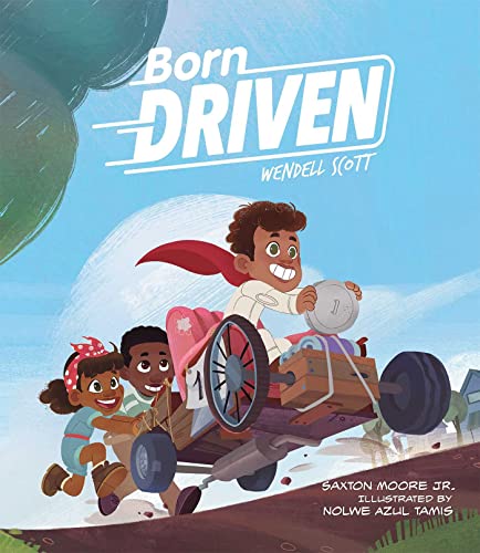 Book cover: children racing a homemade car, illustrated style.