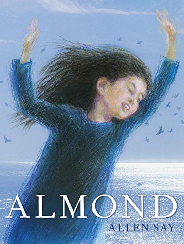 Book cover: girl with raised arms, birds flying, blue tones.