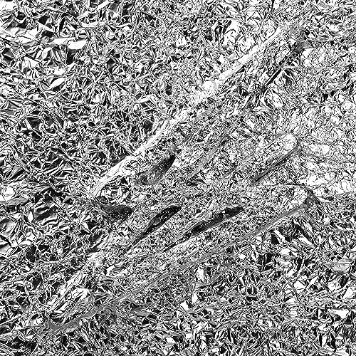 Crinkled silver foil texture, close-up view of reflective material.