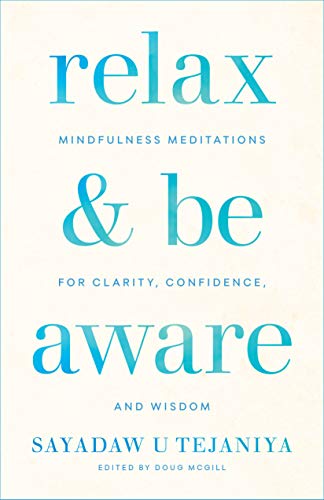 Book cover with teal text reading "relax & be aware" on a white background.