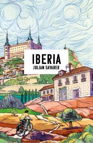 Book cover illustration of a cyclist riding toward a town with a large castle.
