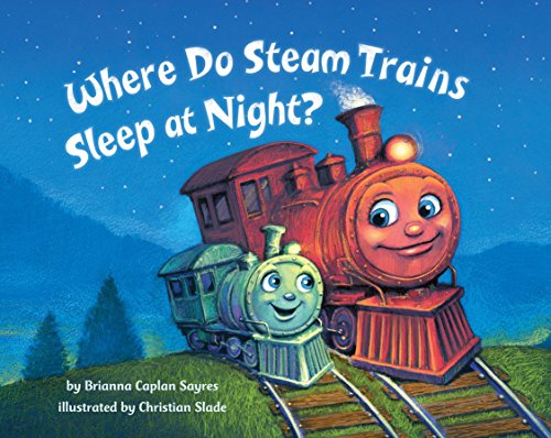 A large red steam train and a smaller green train on tracks at night.