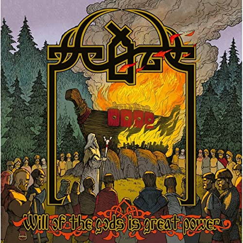 Scald album cover: burning village, crowd, and ornate lettering in forest setting.