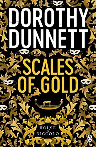 Book cover for "Scales Of Gold" with gold baroque designs and a gondola.