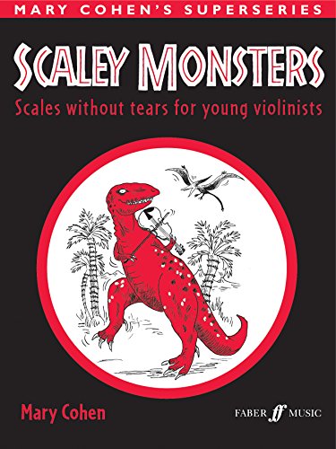 Red dinosaur playing violin, sheet music cover for young violinists.