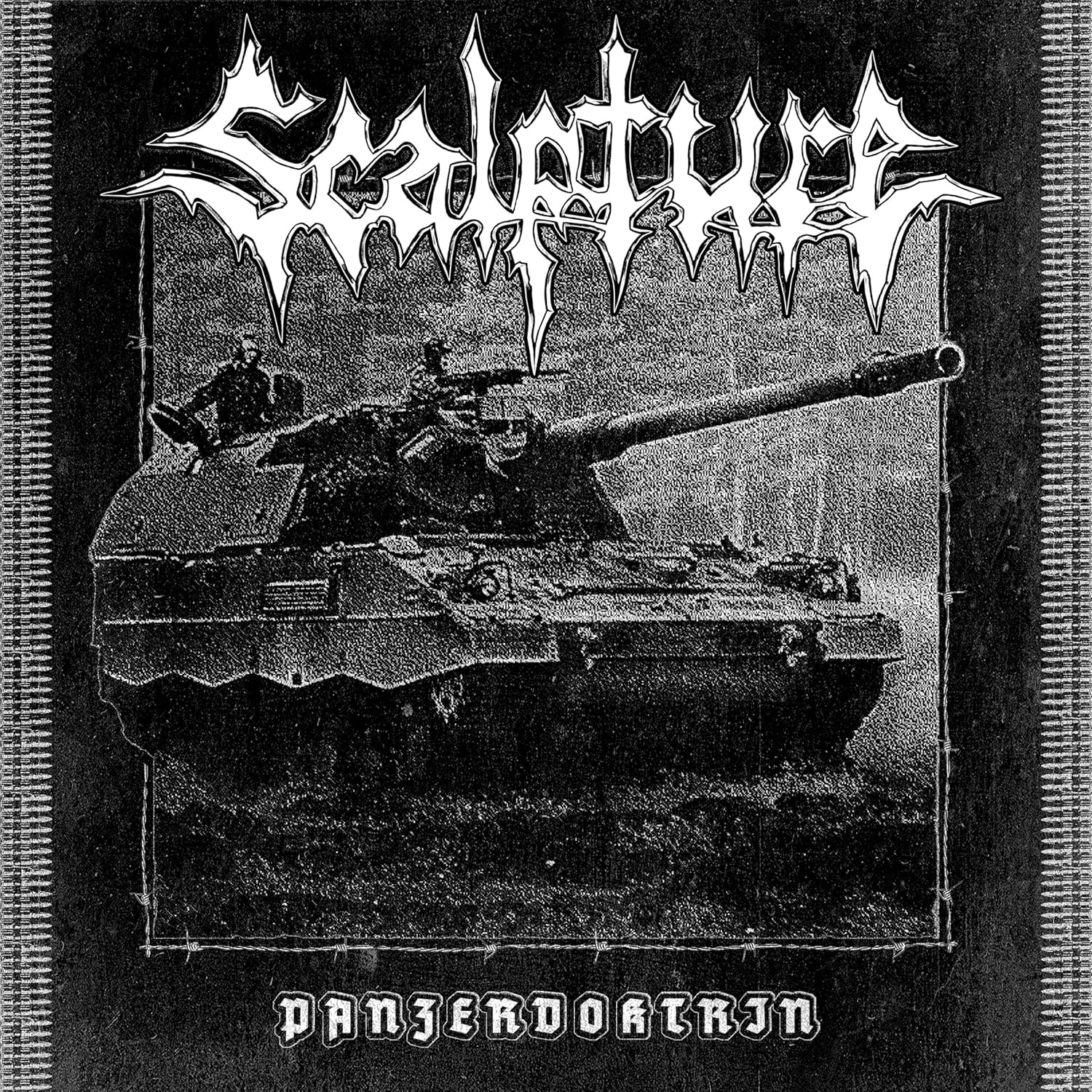 Black and white album cover featuring a tank and spiky band logo.