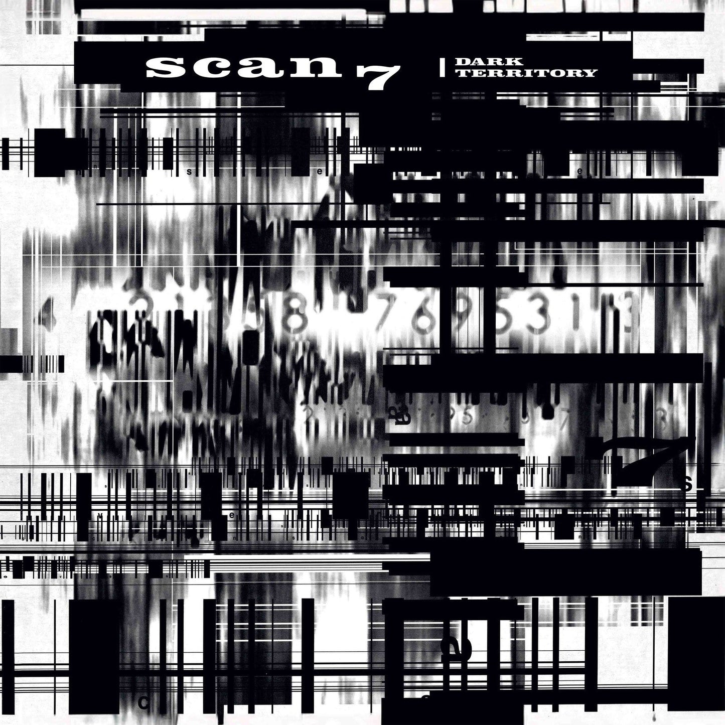 Abstract black and white digital glitch art with the text Scan 7 Dark Territory.
