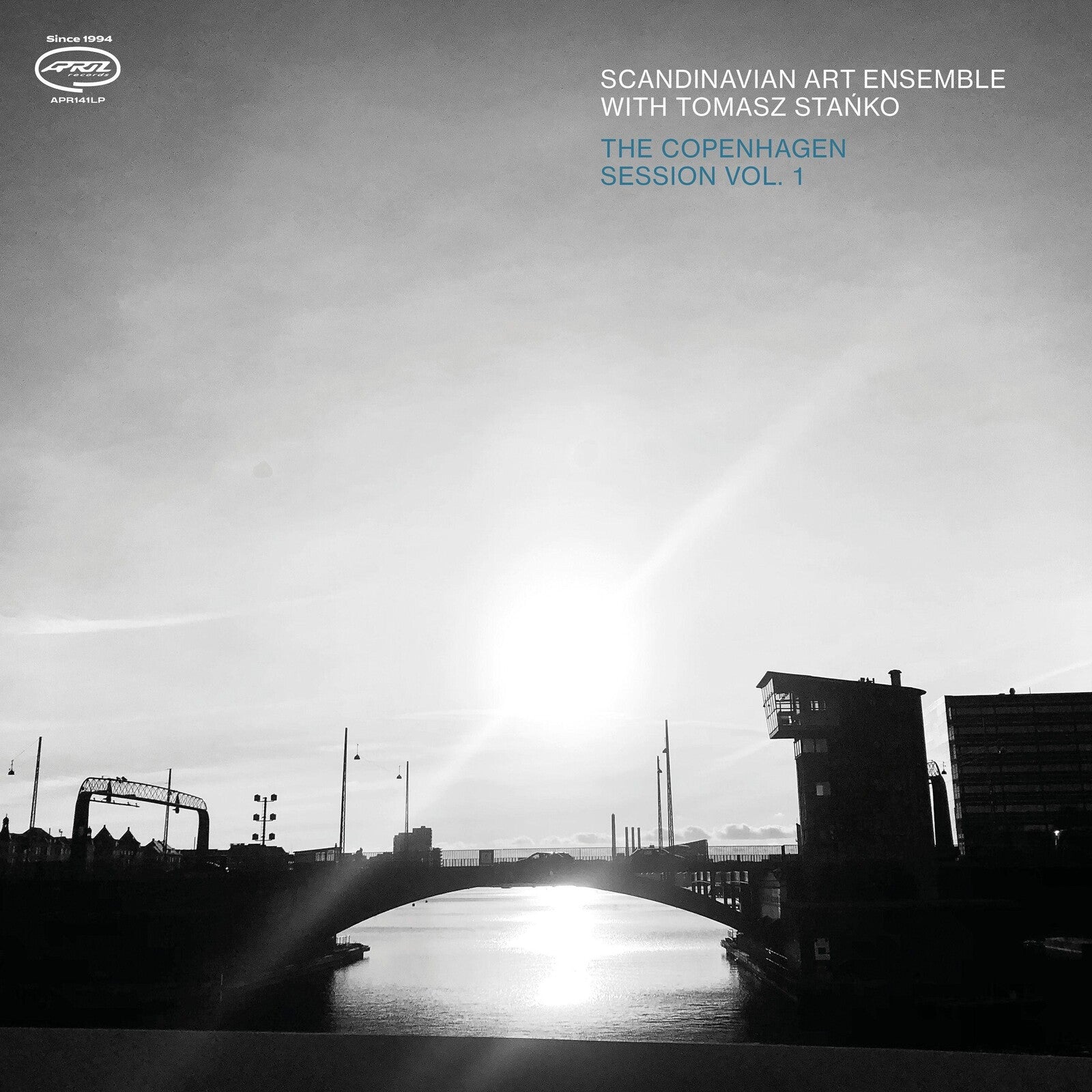 Black and white vinyl record cover depicting a Copenhagen cityscape.